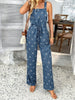 Sleeveless Buttoned Drawstring Pockets Printed Spaghetti-Neck Jumpsuits