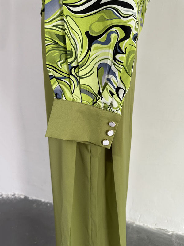 Long Sleeves Printed Heaps Collar Shirts Top + High Waisted Pants Bottom Two Pieces Set