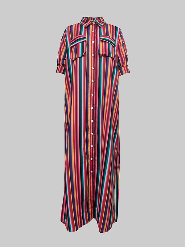 Long Sleeves Loose Split-Joint Striped Lapel Maxi Dresses Shirt Dress