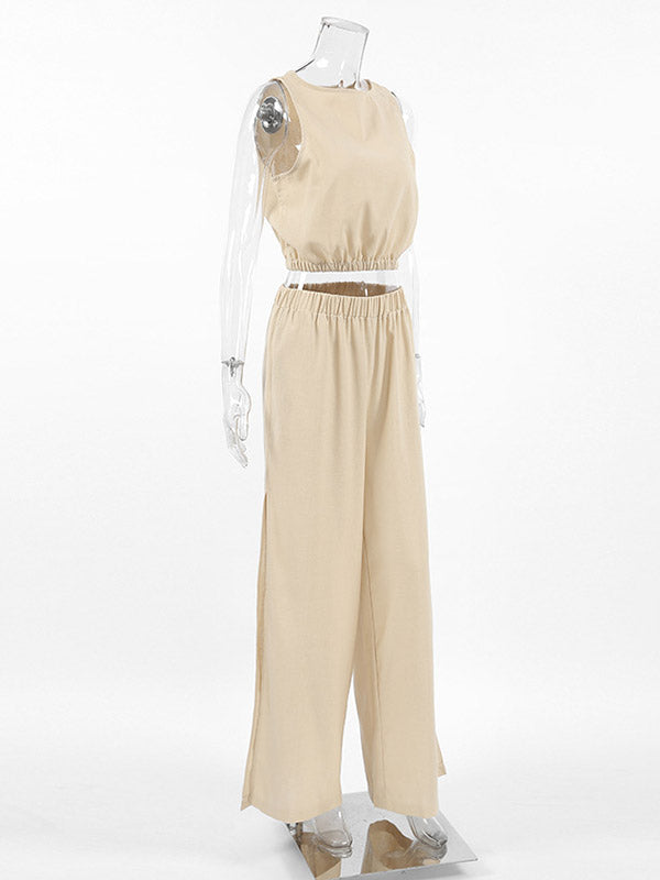 Loose Elasticity Solid Color Split-Joint Round-Neck Vest + High Waisted Split-Side Pants Two Pieces Set