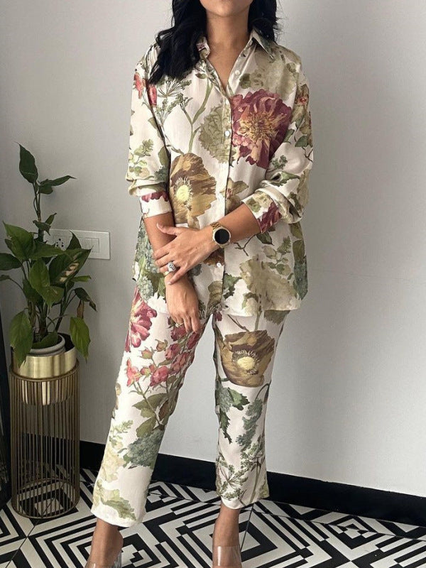 Long Sleeves Buttoned Flower Print Lapel Shirts Top + Ninth Pants Pants Bottom Two Pieces Set