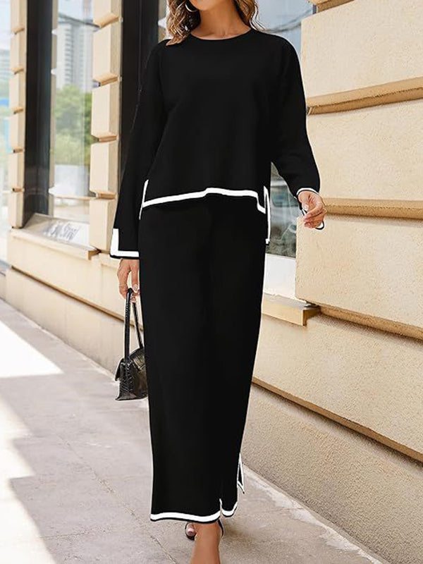 High-Low Long Sleeves Contrast Color Split-Side Round-Neck Sweater Top + Pants Bottom Two Pieces Set