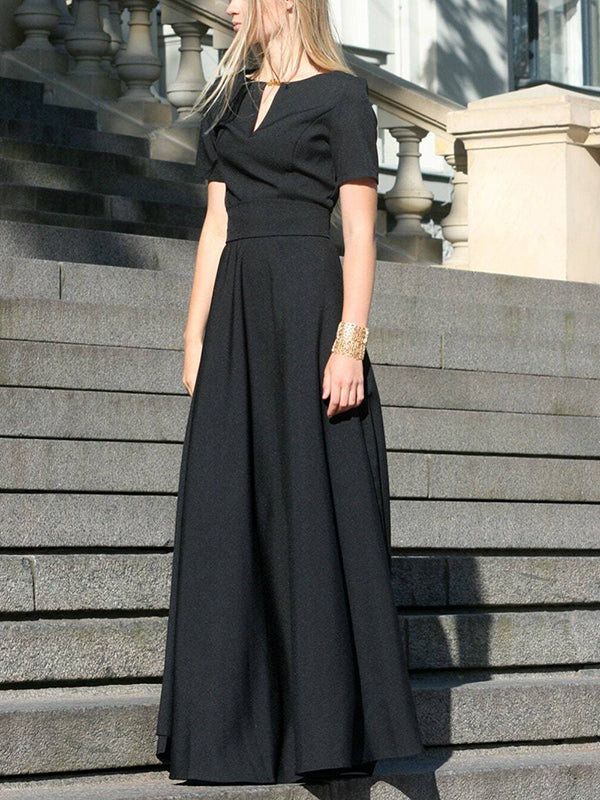 Half Sleeves High Waisted Solid Color Tied Waist V-Neck Maxi Dresses