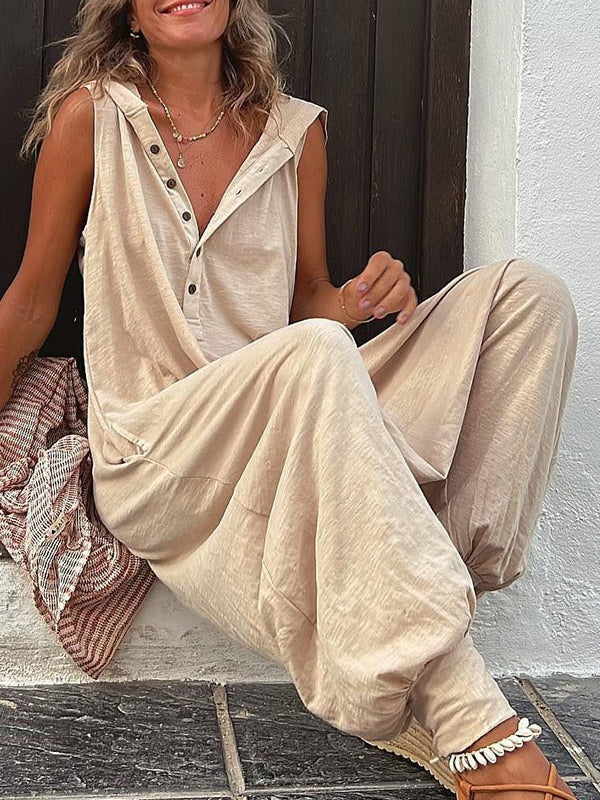 Hooded Loose Buttoned Solid Color V-neck Jumpsuits