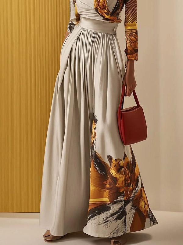 Long Sleeves Loose Floral Printed Pleated Split-Joint V-Neck Jumpsuits