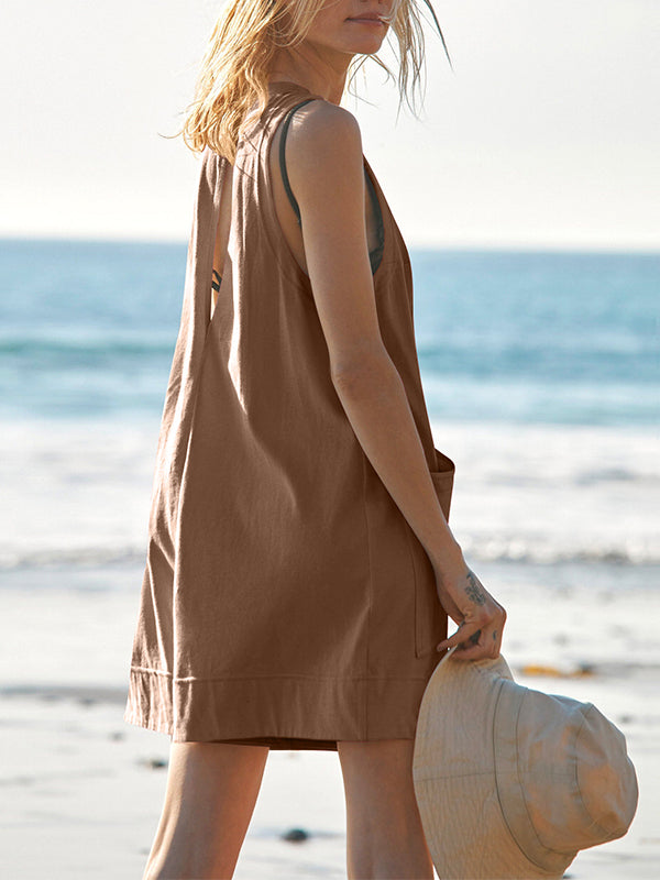 Loose Sleeveless Pockets Solid Color Round-Neck Rompers