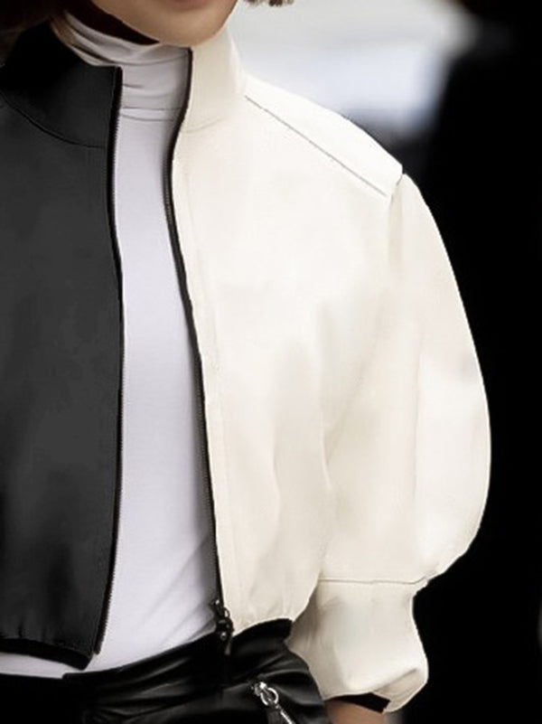 Loose Puff Sleeves Contrast Color Split-Joint Stand Collar Outerwear