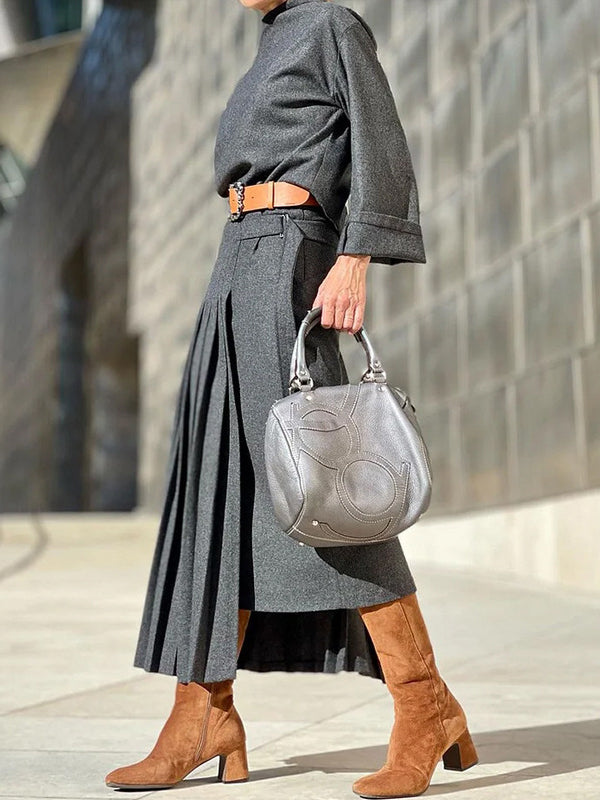 Solid Color Loose Top +  Asymmetric Pleated Split-Joint  Skirt Two Pieces Set