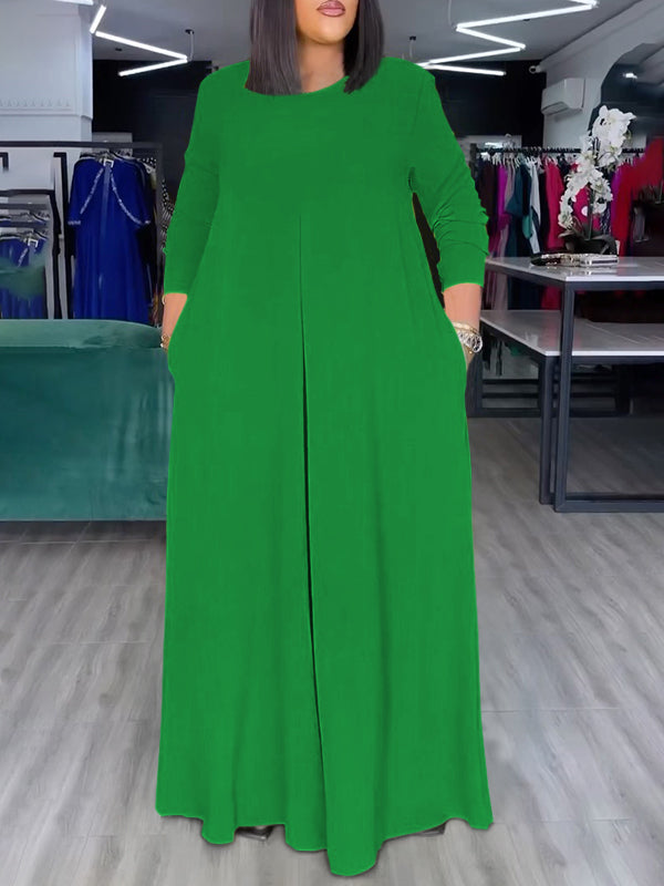 Loose Wide Leg Pockets Solid Color Round-Neck Jumpsuits