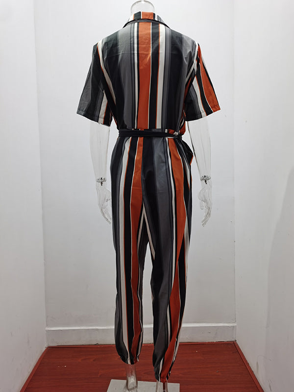 Loose Plus Size Split-Joint Striped Tied Waist Lapel Jumpsuits