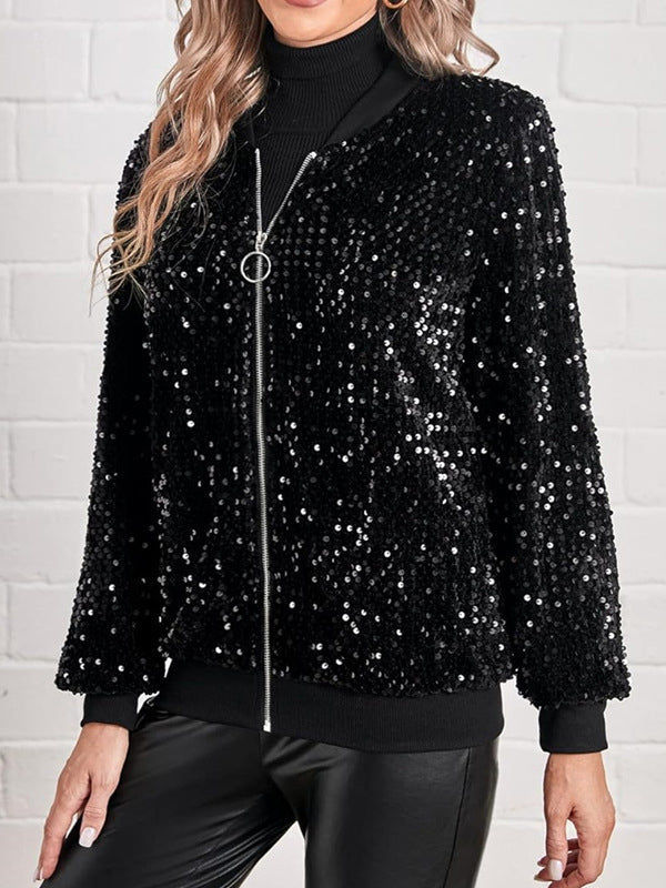 Long Sleeves Loose Sequined Solid Color Split-Joint Round-Neck Jackets Outerwear
