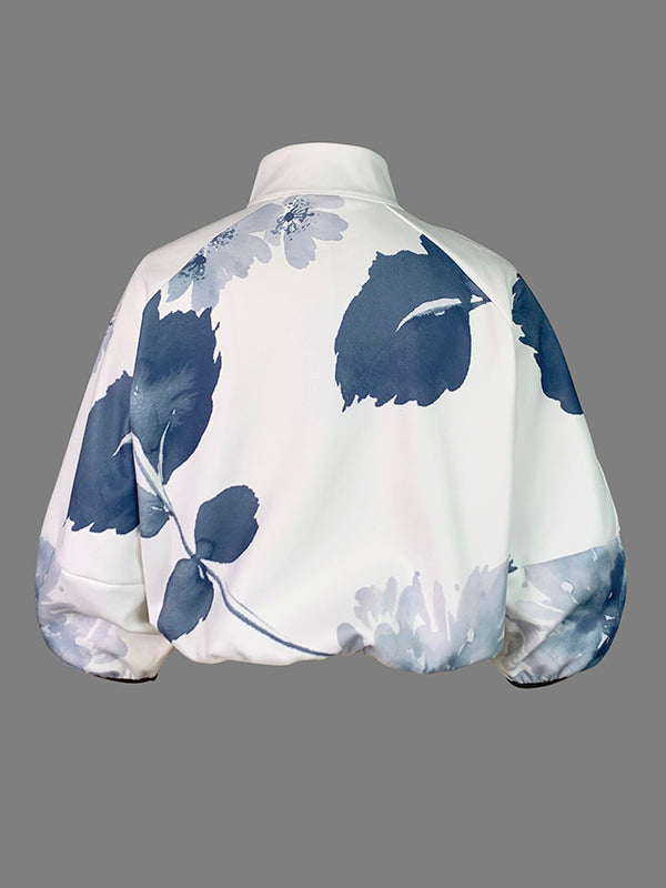 Loose Puff Sleeves Floral Printed Stand Collar Jackets Outerwear
