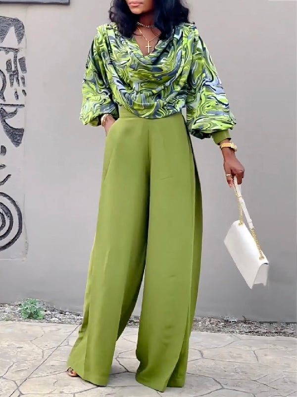 Long Sleeves Printed Heaps Collar Shirts Top + High Waisted Pants Bottom Two Pieces Set