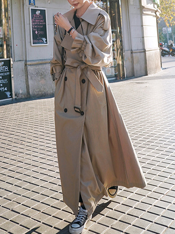 Long Sleeves Loose Buckle Buttoned Split-Back Tied Waist Lapel Outerwear Trench Coats