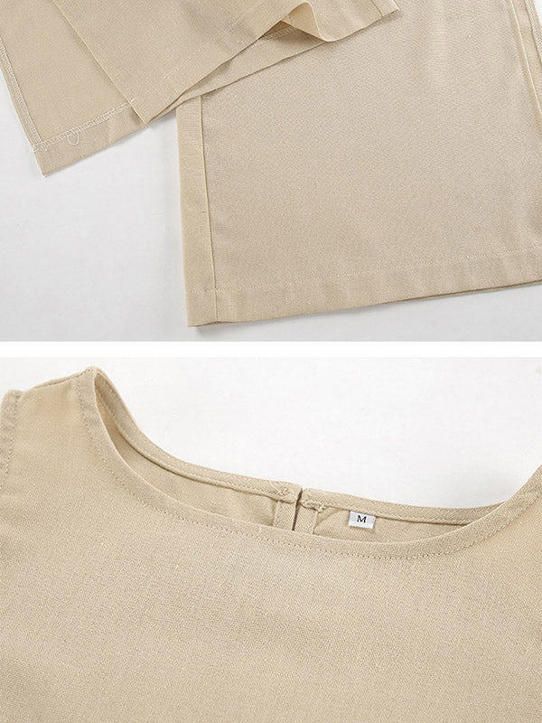 Loose Elasticity Solid Color Split-Joint Round-Neck Vest + High Waisted Split-Side Pants Two Pieces Set