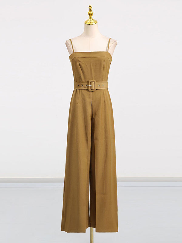 High Waisted Sleeveless Belted Solid Color Spaghetti-Neck Jumpsuits