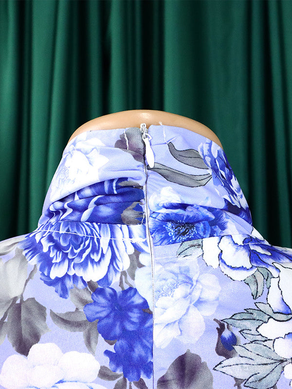 Long Sleeves Floral Printed Blouse + Split-Back Solid Color Skirt Two Pieces Set