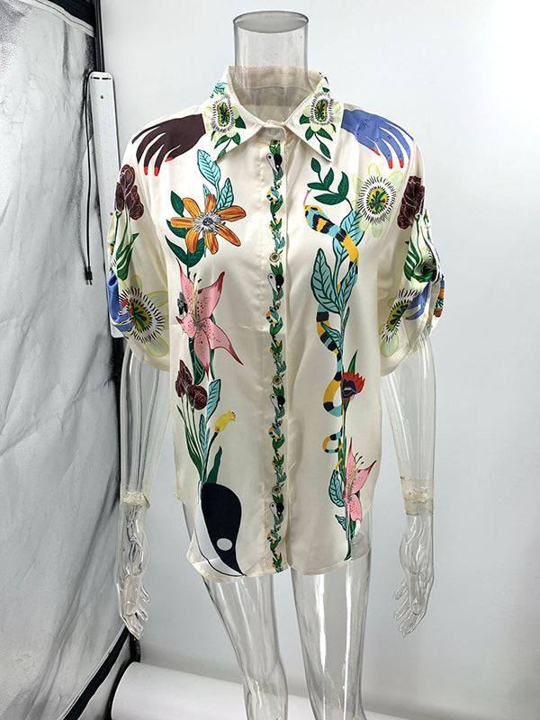 Half Sleeves Loose Buttoned Flower Print Pockets Lapel T-Shirt Top + Drawstring Elasticity Pants Bottom Two Pieces Set