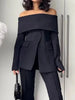 Long Sleeves Solid Color Split-Front Split-Joint Off-The-Shoulder Blazer