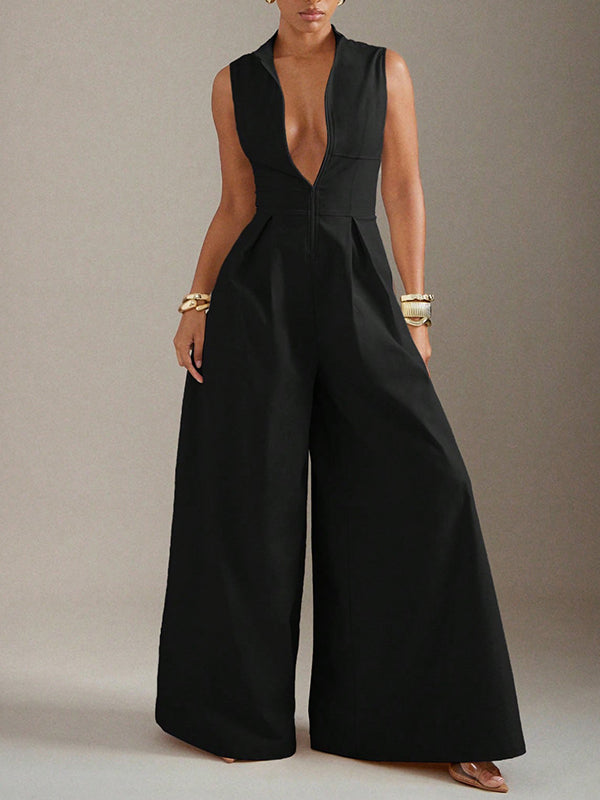 Sleeveless Wide Leg Pleated Solid Color Split-Joint Zipper Round-Neck Jumpsuits