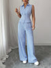 Sleeveless Buttoned Contrast Color Striped Lapel Vest Top + Pleated Pockets Pants Bottom Two Pieces Set