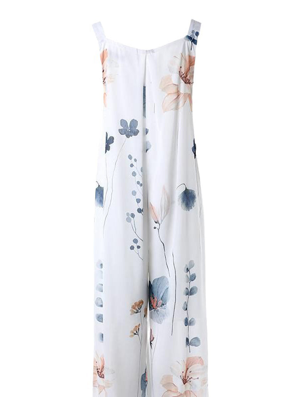 Loose Sleeveless Buttoned Flower Print Pleated Pockets Split-Joint Square-Neck Jumpsuits