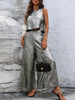 Loose Sleeveless Hollow Shiny Split-Joint Round-Neck Vest Top + Pants Bottom Two Pieces Set
