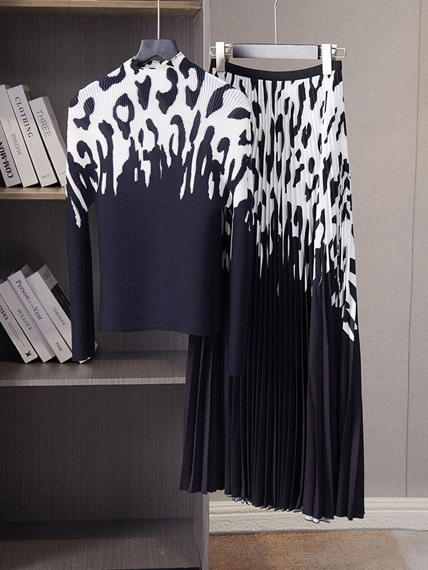 Long Sleeves Printed Mock Neck T-Shirt Top + Pleated A-Line Skirts Bottom Two Pieces Set
