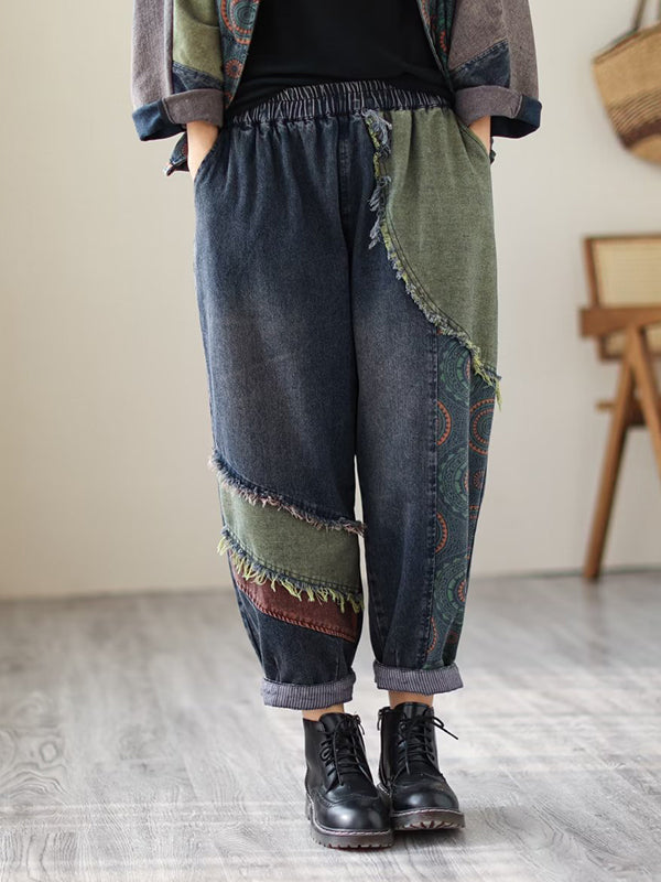 Contrast Color Fringed Split-Joint Long Sleeves Printed Outwear + Harem Pants  Two Pieces Set