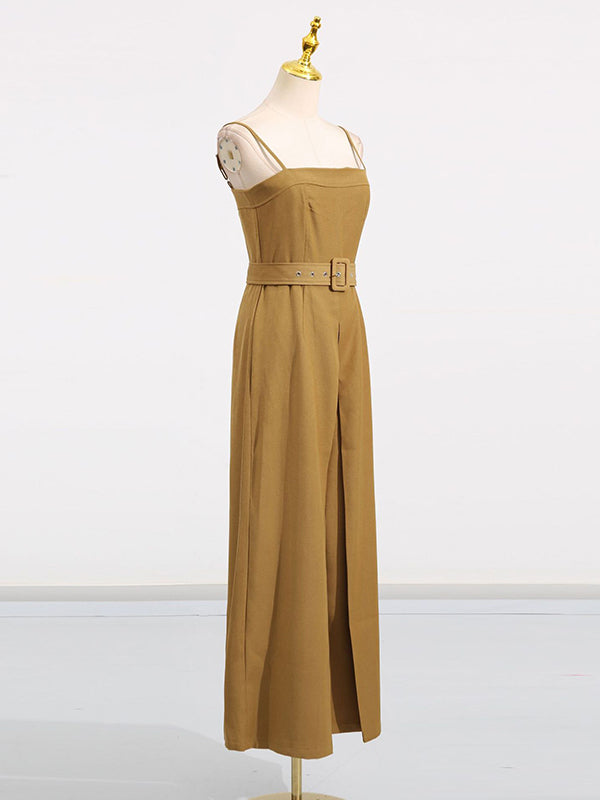 High Waisted Sleeveless Belted Solid Color Spaghetti-Neck Jumpsuits