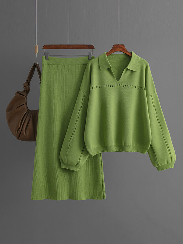 Loose Puff Sleeves Hollow Solid Color Sweater + Elasticity Skirt Two Pieces Set