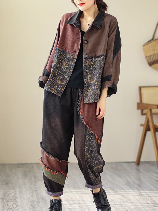 Contrast Color Fringed Split-Joint Long Sleeves Printed Outwear + Harem Pants  Two Pieces Set