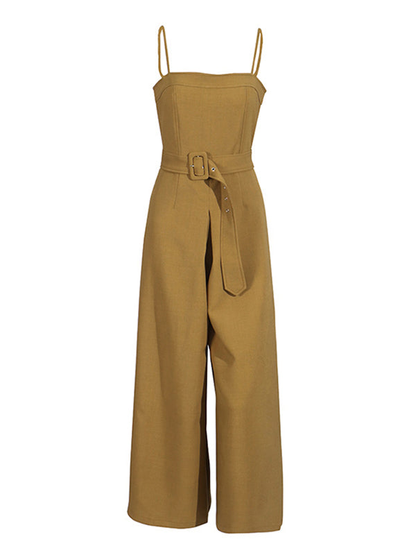 High Waisted Sleeveless Belted Solid Color Spaghetti-Neck Jumpsuits