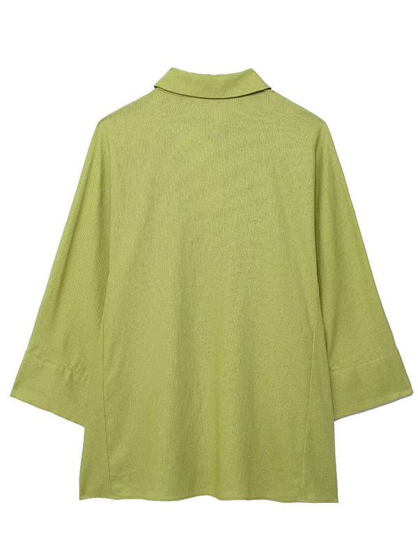 Loose Solid Color Split-Joint Split-Side Lapel Blouse + Elasticity Pleated Pants Trousers Two Pieces Set