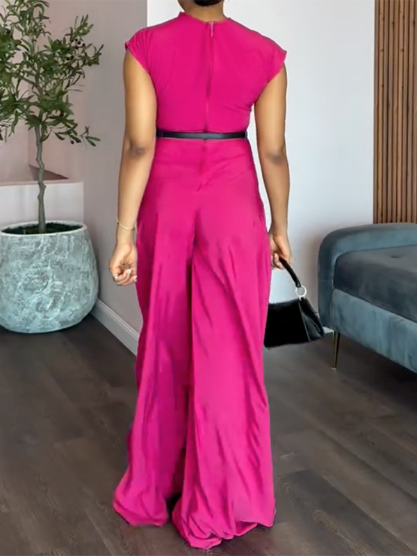 Cap Sleeve Wide Leg No Belt Solid Color Stand Collar Jumpsuits