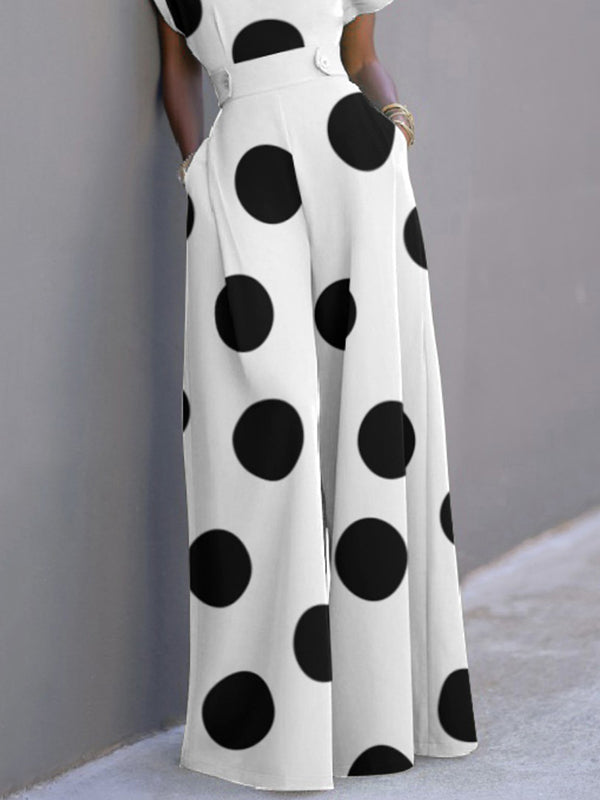 Short Sleeves Wide Leg Polka-Dot V-Neck Jumpsuits