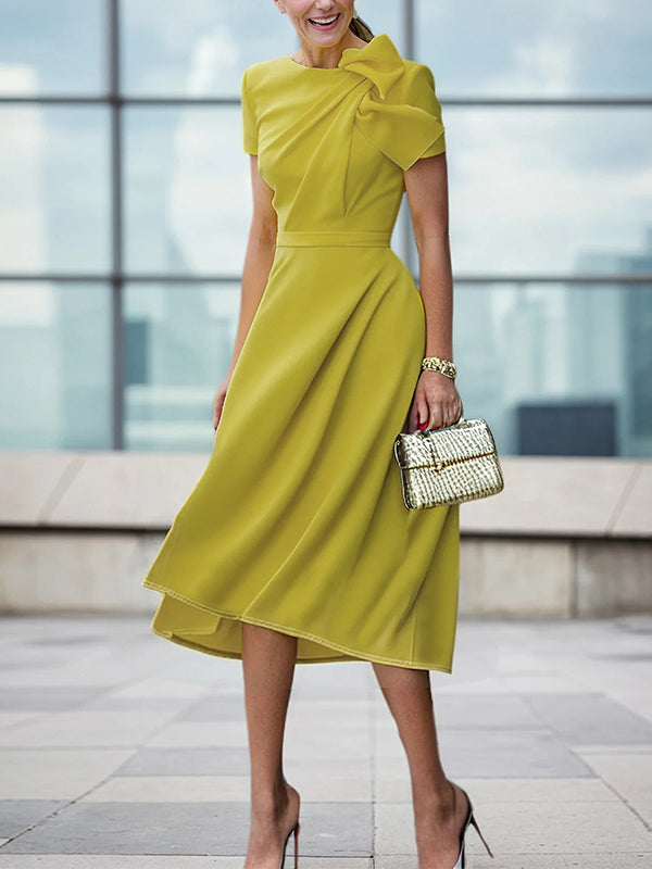 Loose Short Sleeves Pleated Solid Color Split-Joint Round-Neck Evening Dresses Midi Dresses