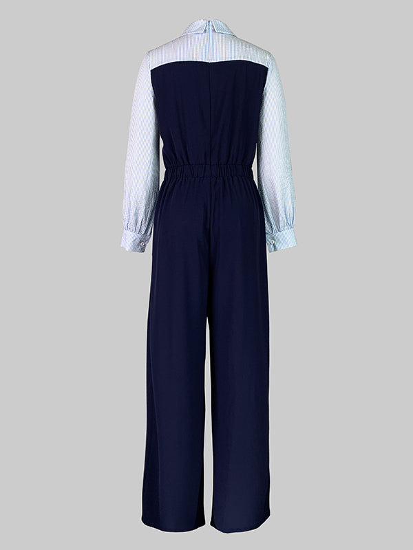 High Waisted Long Sleeves Buttoned Pleated Split-Joint Lapel Jumpsuits
