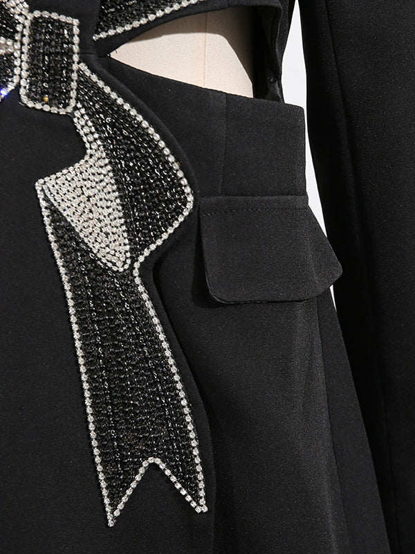 Long Sleeves Hollow Rhine Stones Notched Collar Blazer Outerwear