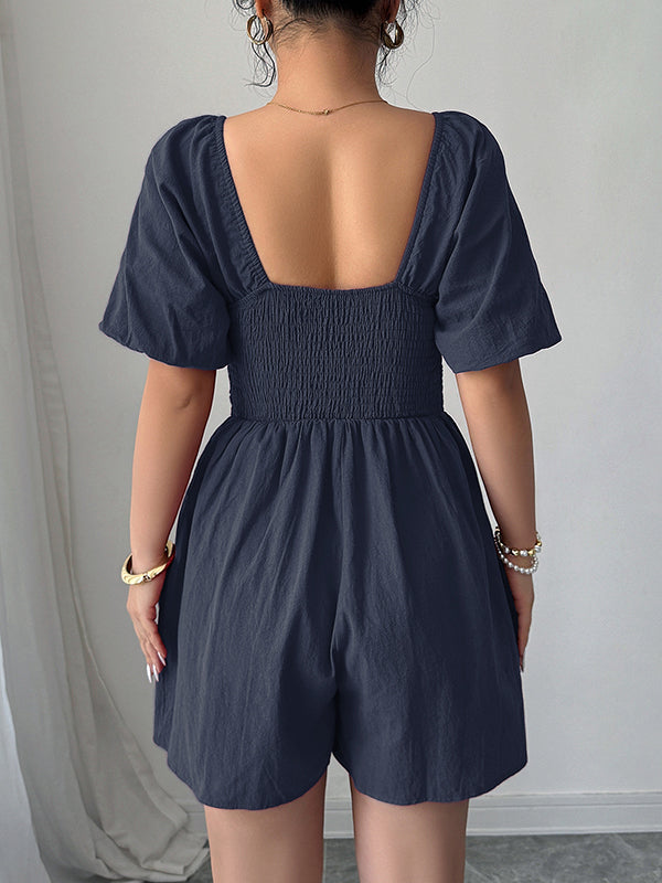 A-Line Half Sleeves Elasticity Pleated Solid Color Square-Neck Rompers