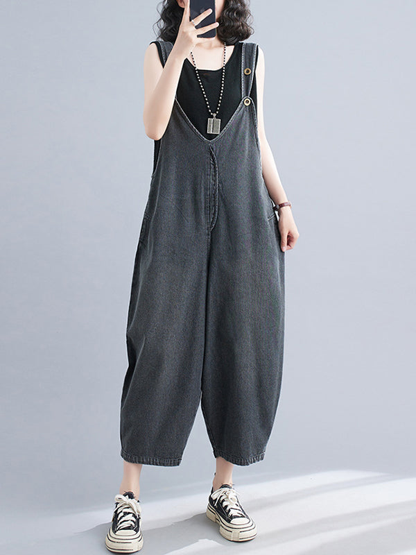 Cropped Loose Denim Buttoned Overalls