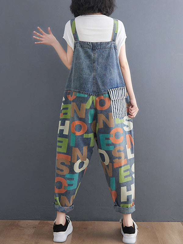 High Waisted Loose Asymmetric Buttoned Letter Print Pockets Split-Joint Striped Overalls