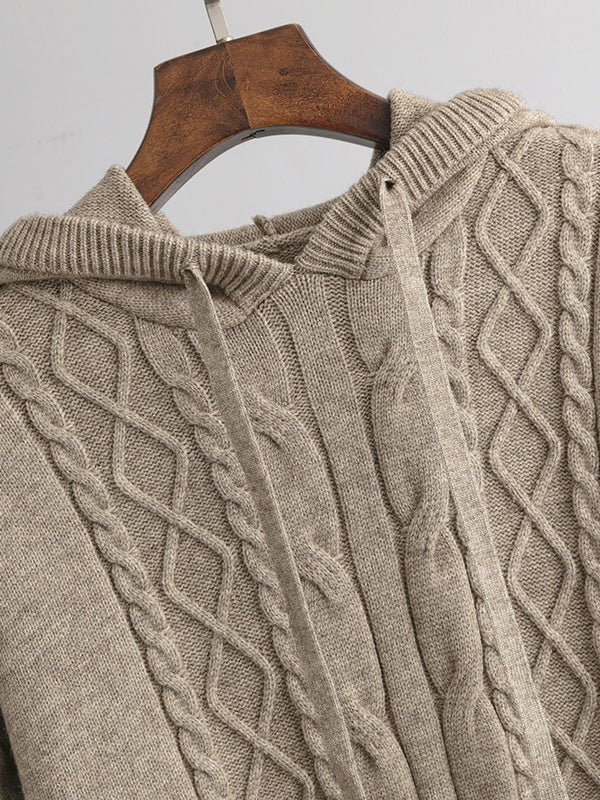 Urban Loose Solid Color Hooded High-Low Sweater Tops & Wide Leg Pants Two Pieces Set