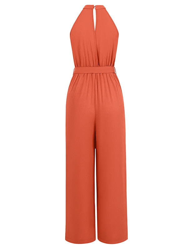 High Waisted Loose Pleated Solid Color Split-Front Tied Waist Halter-Neck Jumpsuits
