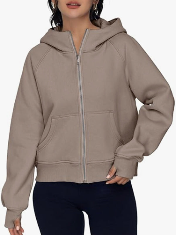 Hooded Long Sleeves Pockets Solid Color Zipper Jackets Outerwear