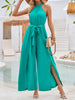 High Waisted Loose Pleated Solid Color Split-Front Tied Waist Halter-Neck Jumpsuits