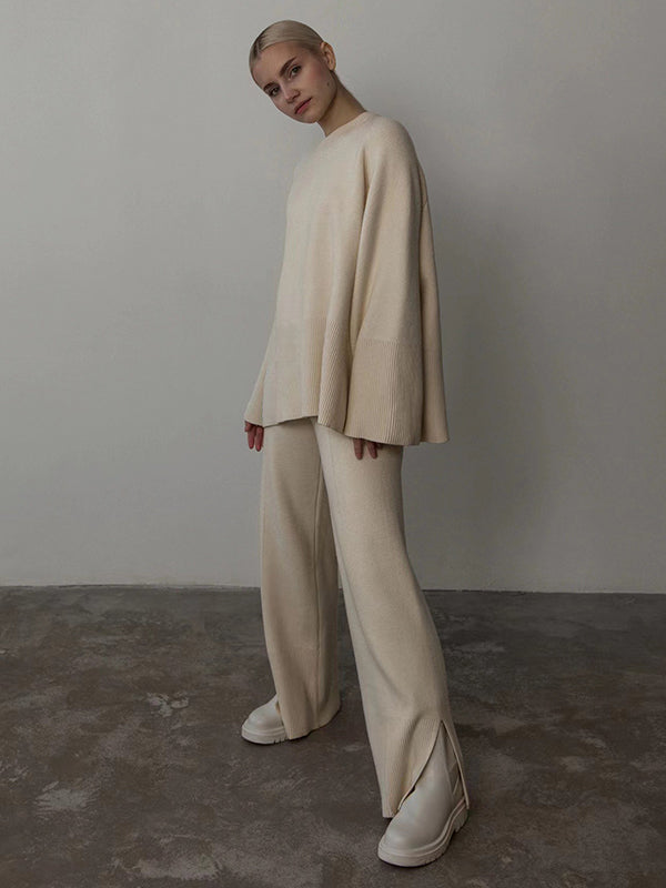 Casual Long Sleeves Loose Solid Color Round-Neck Sweater Tops & Wide Leg Pants Two Pieces Set