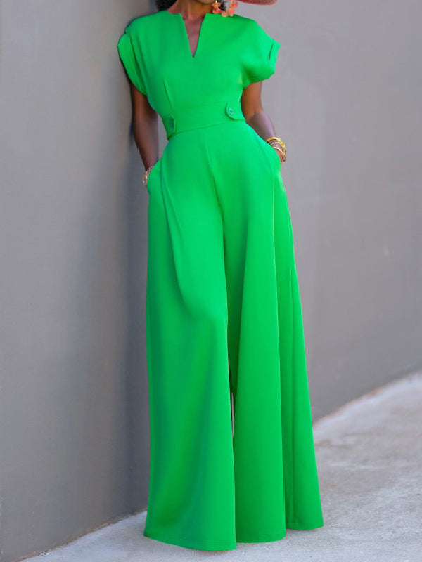 Cap Sleeve Wide Leg Solid Color Jumpsuits