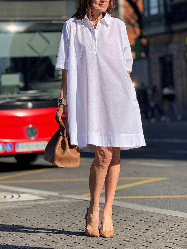 A-Line Short Sleeves Solid Color Split-Joint Lapel Mini Dresses Shirt Dress