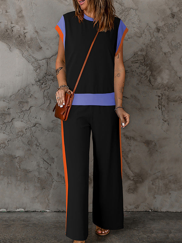 Loose Raglan Sleeve Contrast Color Split-Joint Round-Neck T-Shirt Top + Elasticity Pockets Pants Bottom Two Pieces Set